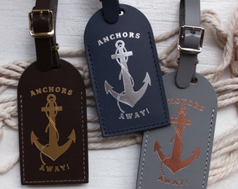Nautical Luggage Tags Wedding Favors - Bridesmaid Gift or Bridal Shower - navy and silver anchor cruise destination save the date - leather