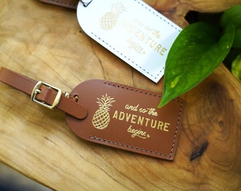 Luggage Tags Wedding Favors - Hawaii Pineapple And So the Adventure Begins | Tropical Bermuda Island Wedding | Bonded Leather Favours