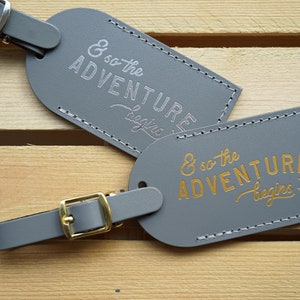 Luggage Tags Wedding Favors Gray And So the Adventure Begins, Bonded leather Bridesmaid Gift or Bachelorette Party, Grey Wedding Favours Gray w/ Silver