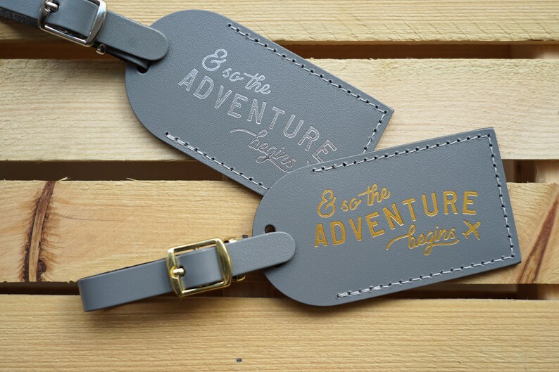 Luggage Tags Wedding Favors Gray And So the Adventure Begins, Bonded leather Bridesmaid Gift or Bachelorette Party, Grey Wedding Favours Gray w/ Silver