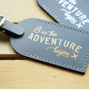 Luggage Tags Wedding Favors Gray And So the Adventure Begins, Bonded leather Bridesmaid Gift or Bachelorette Party, Grey Wedding Favours image 4