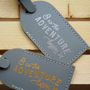 Luggage Tags Wedding Favors Gray And So the Adventure Begins, Bonded leather Bridesmaid Gift or Bachelorette Party, Grey Wedding Favours image 5