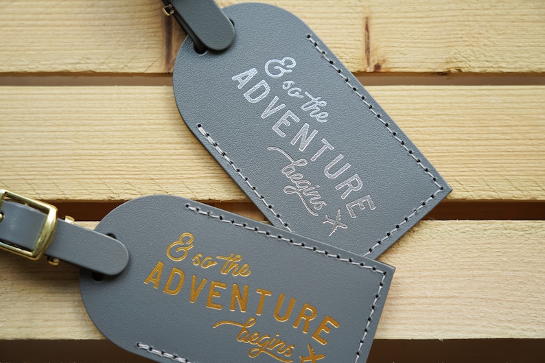 Luggage Tags Wedding Favors Gray And So the Adventure Begins, Bonded leather Bridesmaid Gift or Bachelorette Party, Grey Wedding Favours image 5