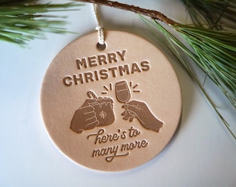 Natural Leather Christmas Ornament | Merry Christmas Here's to Many More | Holiday Decor | Christmas Gift