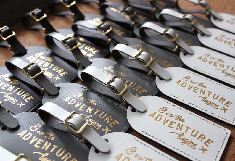 Bulk Wedding Favors Luggage Tags Unique Gifts, Bridesmaid Gift, Save the Date, or Bridal Party Shower And So the Adventure Begins Travel image 1