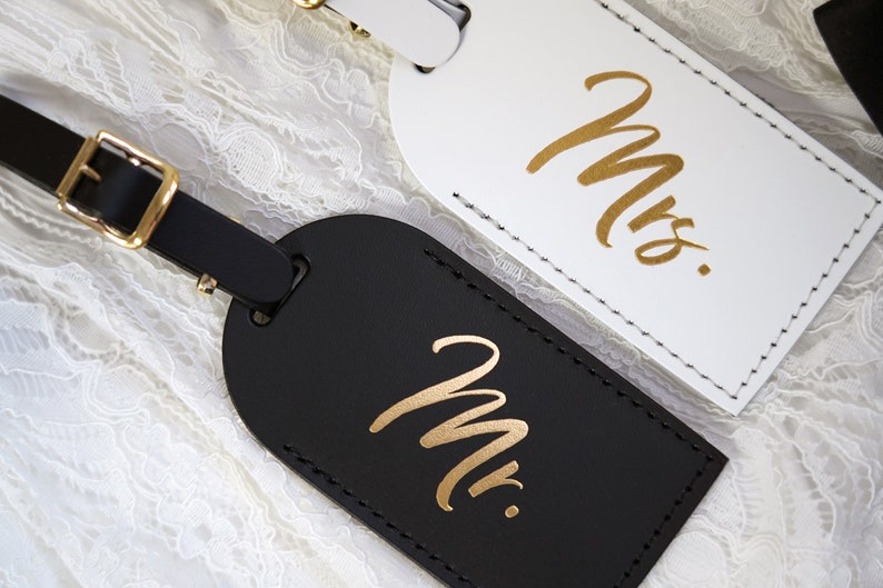 Wedding Gift Luggage Tags Mr and Mrs Couples Gift Unique Just Married Honeymoon Travel Gifts for Couple, Bonded Leather Travel Gift image 4