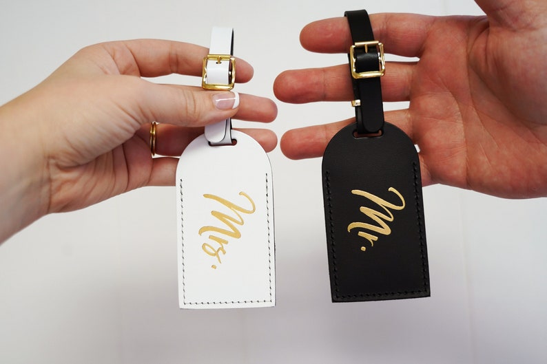 Wedding Gift Luggage Tags Mr and Mrs Couples Gift Unique Just Married Honeymoon Travel Gifts for Couple, Bonded Leather Travel Gift image 1