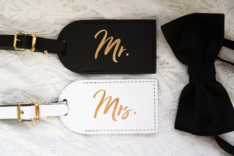 Wedding Gift Luggage Tags Mr and Mrs Couples Gift Unique Just Married Honeymoon Travel Gifts for Couple, Bonded Leather Travel Gift image 2