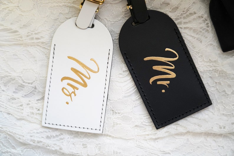 Wedding Gift Luggage Tags Mr and Mrs Couples Gift Unique Just Married Honeymoon Travel Gifts for Couple, Bonded Leather Travel Gift image 3