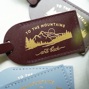 Mountains Rustic Wedding Favors Luggage Tags - To the Mountains and Back | Bonded Leather Gift Bridal Shower Favors | Wanderlust Bag Tags