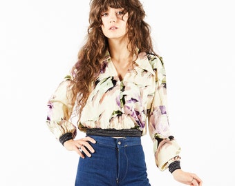Vintage Silk or Satin White Floral Top with Elastic Waist and Collar - Jumpin Jack Flash NYC (B35)