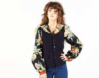 Vintage Original Judy Frocks Navy Blue Jacket with Collar and Printed Floral Sleeves - London England - Jumpin Jack Flash Overstock 1970s