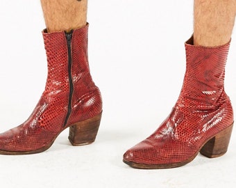 Vintage SUPER RARE Red Snakeskin Mid Rise Calf High Boots - Terry Havilland K George David Liebert - Jumpin Jack Flash Overstock NYC
