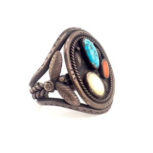 Old Pawn Sterling Silver Bracelet Cuff With Turquoise Coral and Mother of Pearl