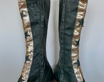 Jumpin Jack Flash Custom Green and Gold Leather Tall Boots w Stars - 1970s Glam Rock NYC England - Circa Granny Takes a Trip