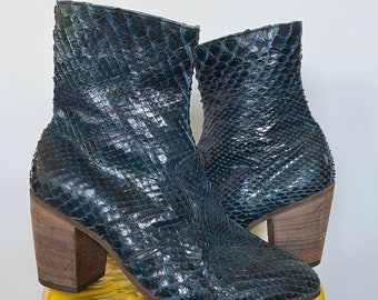 Jumpin Jack Flash Custom Blue Western/Chelsea Snakeskin Boots - 1970s Glam Rock NYC England - Circa Granny Takes a Trip