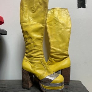 Jumpin Jack Flash Custom Yellow Silver Leather Tall Boots - 1970s Glam Rock NYC England - Circa Granny Takes a Trip