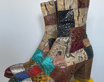 Jumpin Jack Flash Custom Snakeskin Metallic Patchwork Chelsea Boots - 1970s Glam Rock NYC England - Circa Granny Takes a Trip