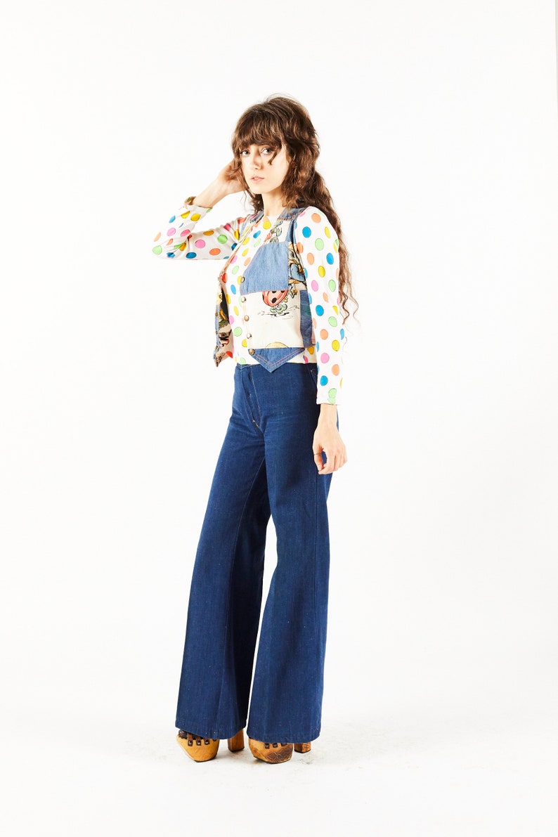 Jumping Jack Flash NYC Overstock Vintage Denim Alice in Wonderland Patchwork Denim Vest 1970s OOAK