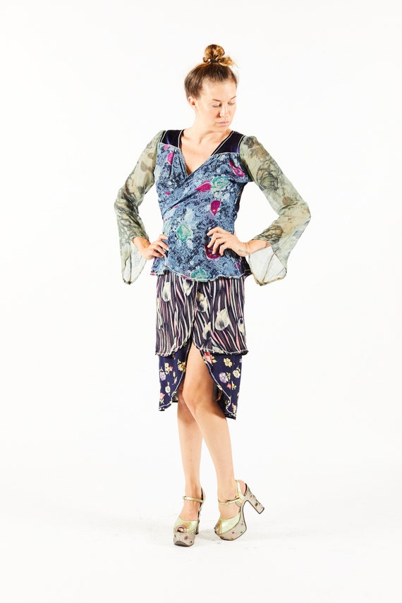 jumpin jack flash blue dress Unlabeled OOAK Vintage 70s Silk Dress Floral Blue