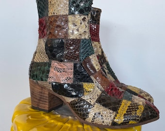 Jumpin Jack Flash Custom Patchwork Heeled  Chelsea Boots - Multicolor Snakeskin - 1970s Glam Rock NYC England - Circa Granny Takes a Trip