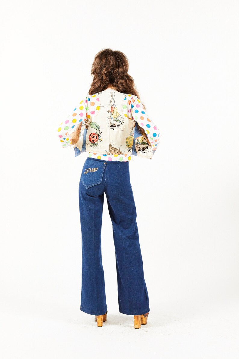 Jumping Jack Flash NYC Overstock Vintage Denim Alice in Wonderland Patchwork Denim Vest 1970s OOAK