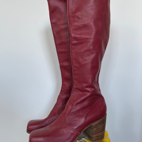 Jumpin Jack Flash Custom Red Leather Tall Boots - 1970s Glam Rock NYC England - Circa Granny Takes a Trip