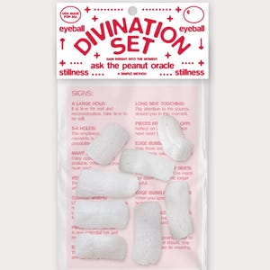 May include: A white plastic bag with the words "Divination Set" in red. The bag contains small white foam peanuts. The text on the bag reads "Gain insight into the moment... ask the peanut oracle... a simple method... stillness... stillness".