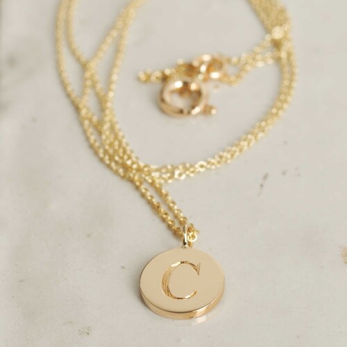 Solid Gold Personalised Disk Necklace Gold Initial Necklace Etsy