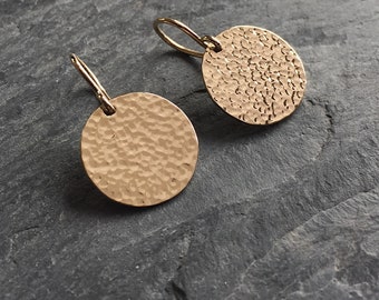 Gold Hammered Disc Earrings . Gold Hook Earrings . Hammered Surface Earrings . Solid Gold Hook Earrings . Hammered Discs . Handmade in U.K