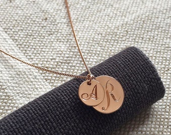 Solid Gold Engraved Initial Disc Charm Necklace