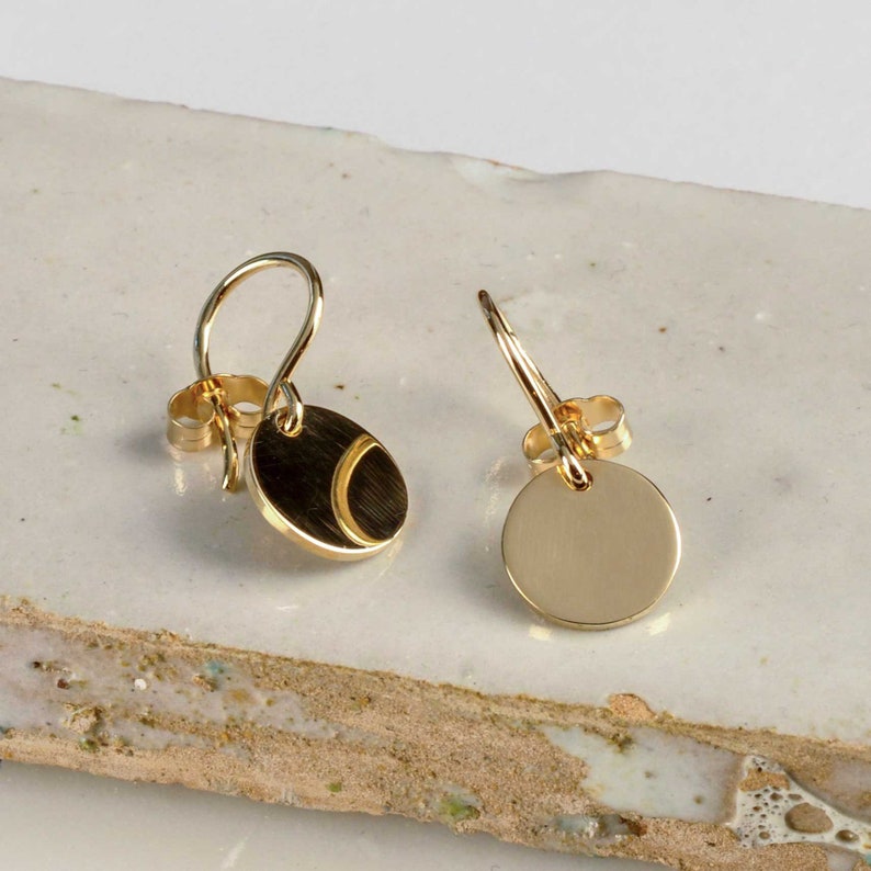 Simple Disc Gold Hook Earrings Solid Gold Drop Earrings Everyday Gold Earrings Made in the U.K image 1