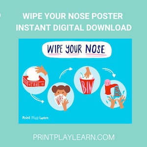 Puede incluir: Un póster azul con una ilustración roja y blanca de un niño limpiándose la nariz. El póster incluye el texto "Wipe Your Nose" y una serie de pasos a seguir: tomar un pañuelo, limpiarse la nariz, tirar el pañuelo a la basura y lavarse las manos. El póster también incluye el texto "Print Play Learn" y "PRINTPLAYLEARN.COM".