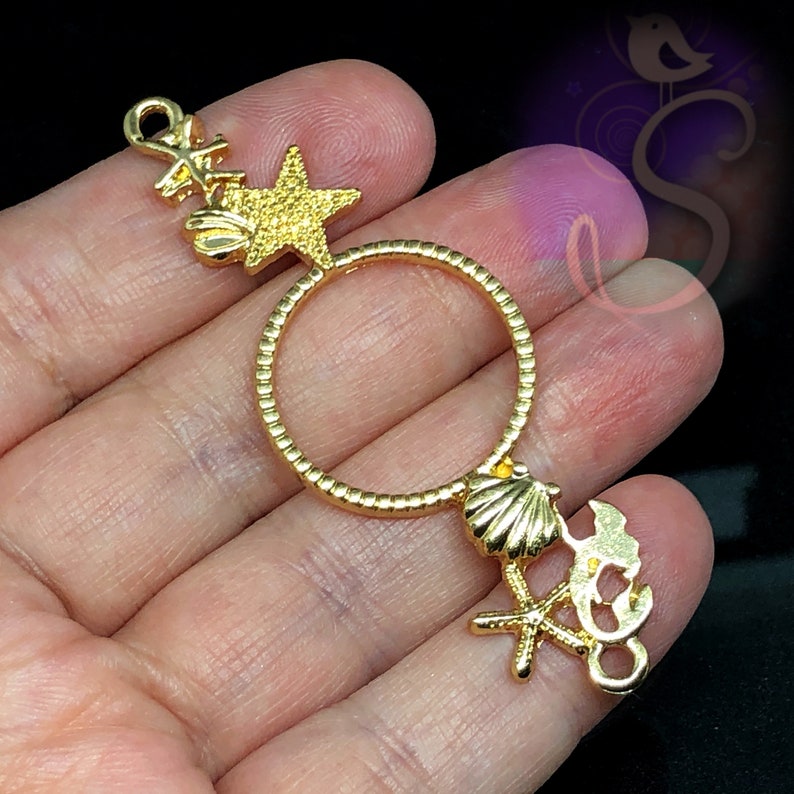 Sea Life Beach Resin Jewelry Connector 1 Mermaid Sea Life Open Connector Bezel 2-12\u201d Gold Ocean Detail with Mermaid 2 hole Pendant