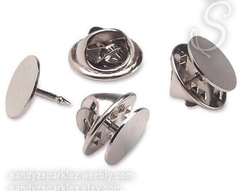 4 - Glue on Pin With Round Flat Setting and Backs, Nickel Plated Brass, Tie Tacks W/Clutch, Blank Broach Pin, SZS1309