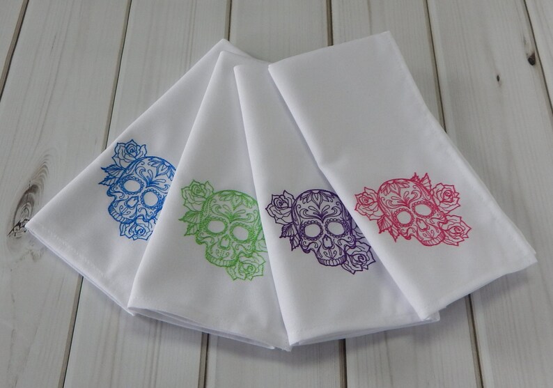 Mexican Holiday La Calavera Catrina Day of the Dead Set of 4 Embroidered Cloth Dinner Napkins Dia de Los Muertos SUGAR SKULL NAPKINS