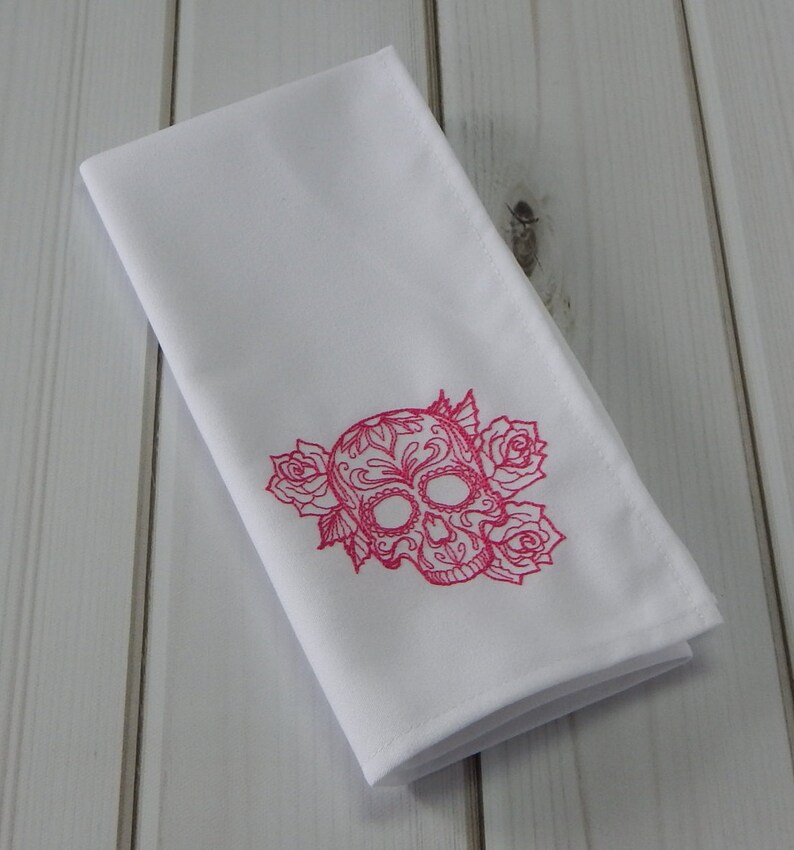 Mexican Holiday La Calavera Catrina Day of the Dead Set of 4 Embroidered Cloth Dinner Napkins Dia de Los Muertos SUGAR SKULL NAPKINS