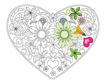 Página para colorear de corazones florecientes - Descarga digital instantánea