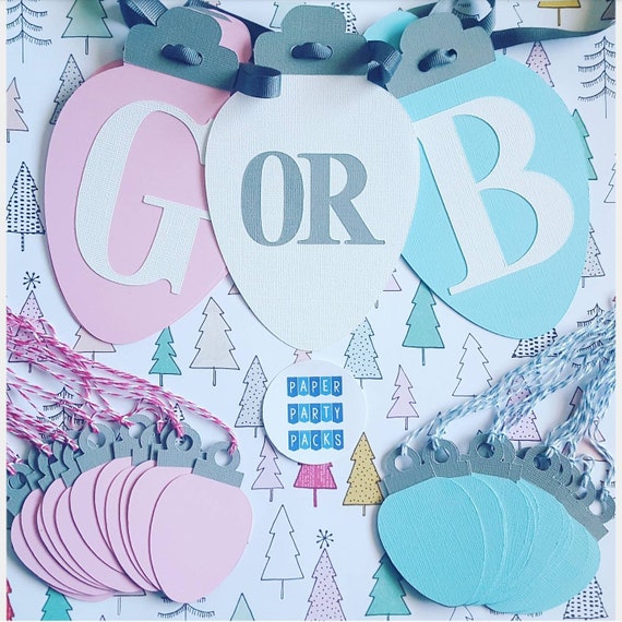 Holiday Tree or Winter Party Gender Reveal Pack Boy or Girl Christmas Tree Lights Reveal Pink or Blue Red or Green hanging ornaments Il_570xn