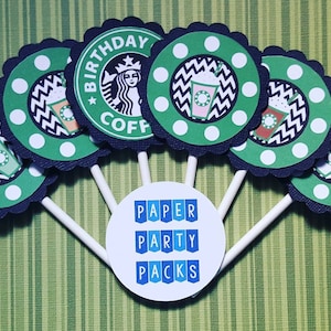 Set of 16 Frappy Birthday Cupcake Toppers Coffee House Party