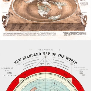 Flache Erdkarten. 1893 Quadratische und Stationäre Erde und 1892 Gleasons neue Standard-Karte der Welt mit Flacher Erde Aufkleber