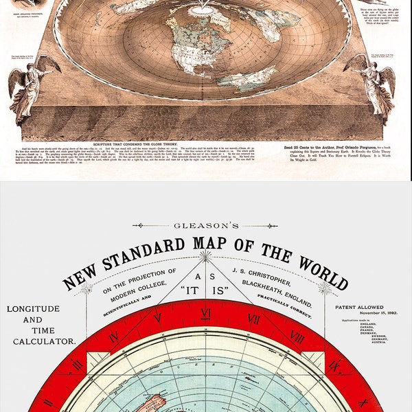 Mapas de la Tierra Plana. 1893 Tierra cuadrada y estacionaria y 1892 Nuevo mapa estándar del mundo de Gleason con pegatina de tierra plana