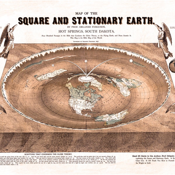 Flat Earth Map. 1893 Square and Stationary Earth Orlando Ferguson- Poster 24 x 18 with flat earth sticker