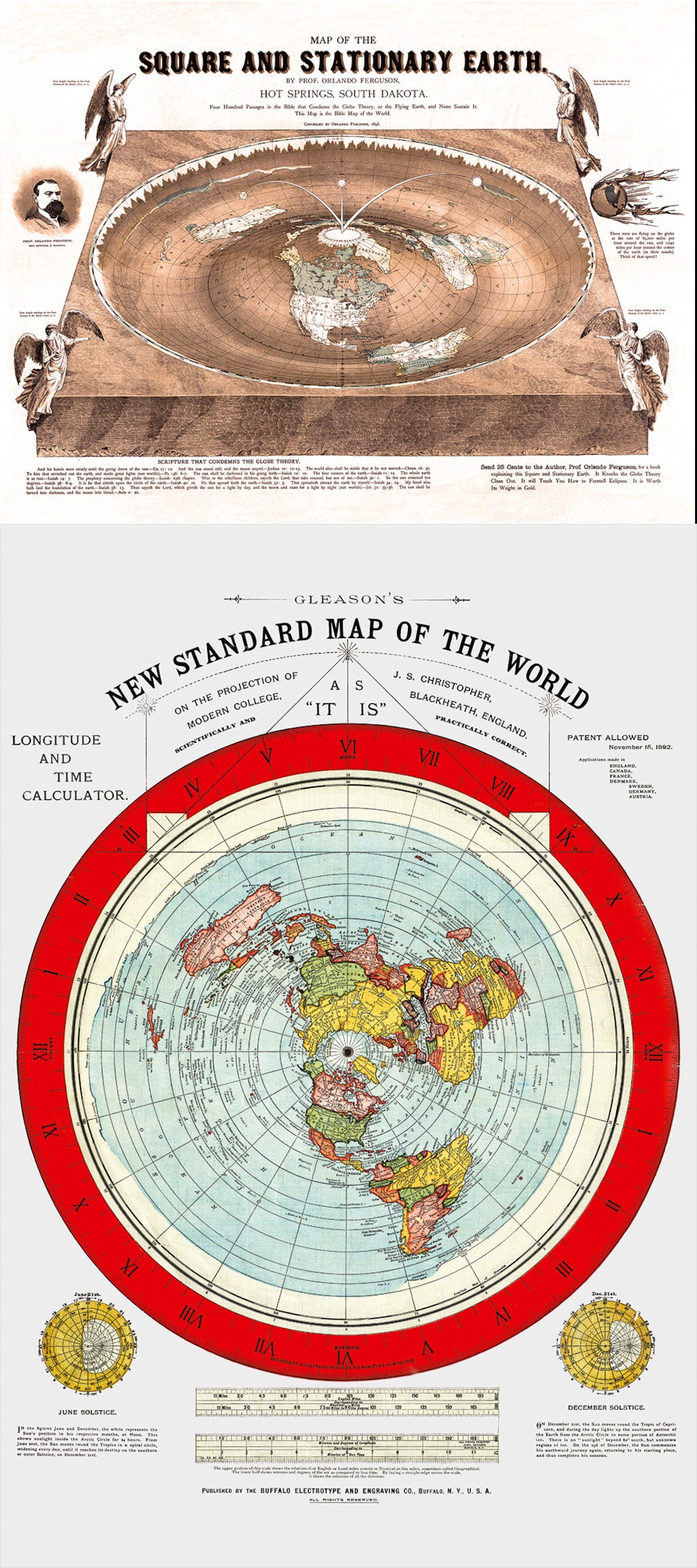 平面地球地図。1893 年の四角く静止した地球と、1892 年の