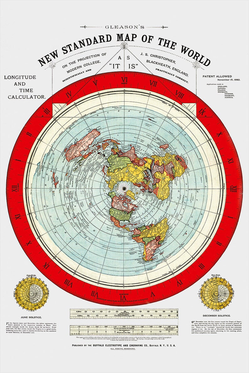 Flat Earth Map. 1892 Gleason's New Standard Map Of The World Large 24 x 36 Poster Wall Art with Flat Earth Sticker image 2
