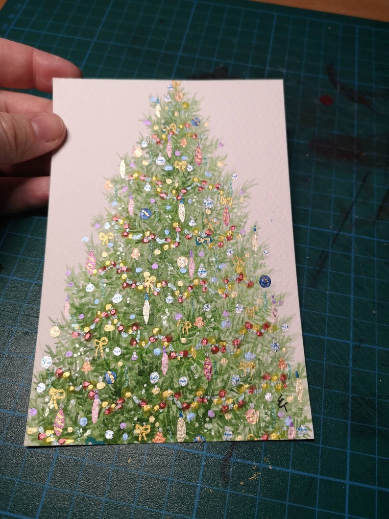 Chritmas tree postcard Watercolours and glitter ink image 2