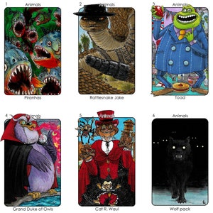 May include: Six illustrated cards with the word "Animals" at the top of each card. Each card features a different animal: Piranhas, Rattlesnake Jake, Toad, Grand Duke of Owls, Cat R. Waul, and Wolf pack.