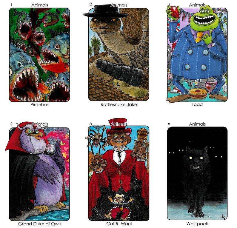 May include: Six illustrated cards with the word "Animals" at the top of each card. Each card features a different animal: Piranhas, Rattlesnake Jake, Toad, Grand Duke of Owls, Cat R. Waul, and Wolf pack.