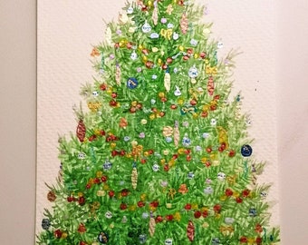 Chritmas tree postcard - Watercolours and glitter ink