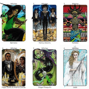 May include: Six illustrated cards with the word "Witches" at the top of each card. Each card features a different witch with a name below the image. The witches are Elphaba, Nancy Downs, Karaba, Papa Justify & Mama Cecile, Grigori Rasputin, and Jadis.